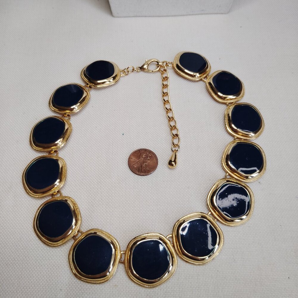Vintage Gold Tone Navy Enamel Link Statement Necklace 1980s 1990s
